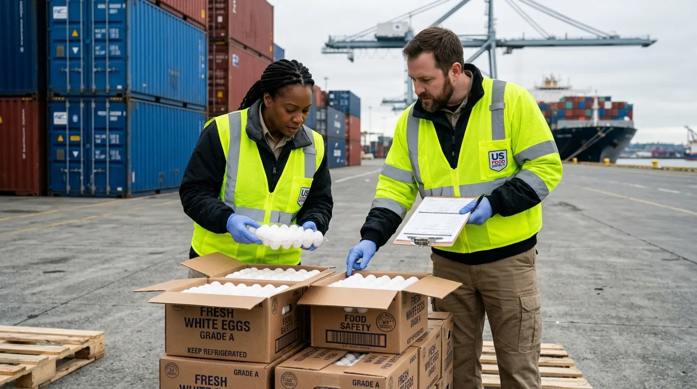 Inspectors in reflective vests examine cartons of white eggs at a commercial shipping port to ensure food safety.