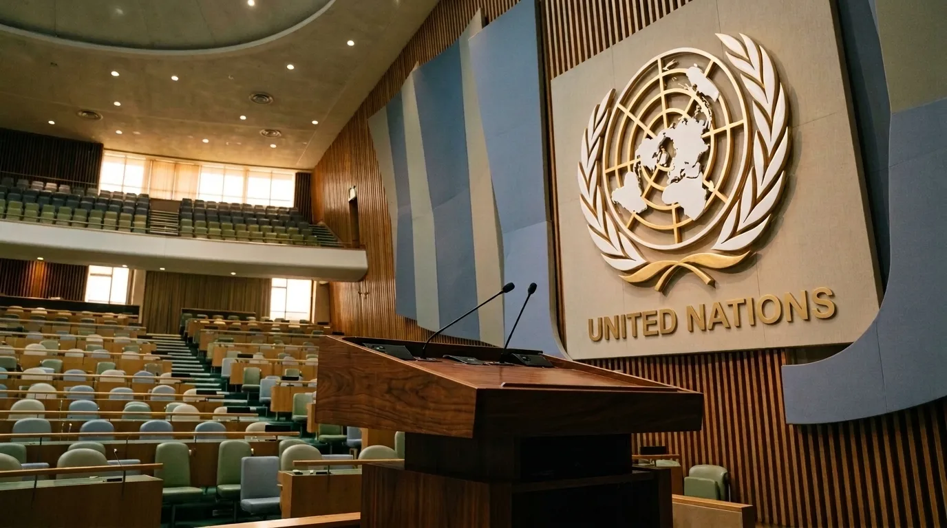 The United Nations logo stands prominently behind a wooden podium inside the General Assembly hall in New York. | credit:AI Generated Image
