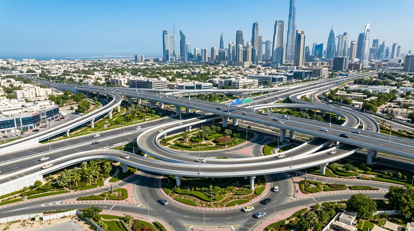Aerial view shows a multi-level highway interchange with new flyovers and tunnels spanning across a desert landscape.