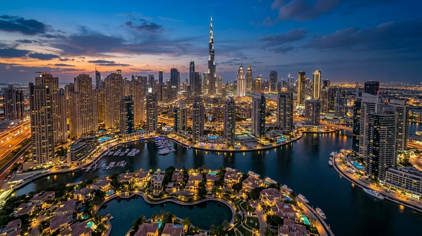 Sunlight glints off the glass facades of modern skyscrapers and high-rise apartments lining a bustling Dubai waterfront.