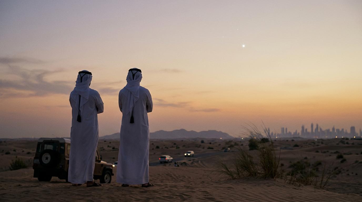 A bright star shines in a dark night sky above silhouetted palm trees in the United Arab Emirates.