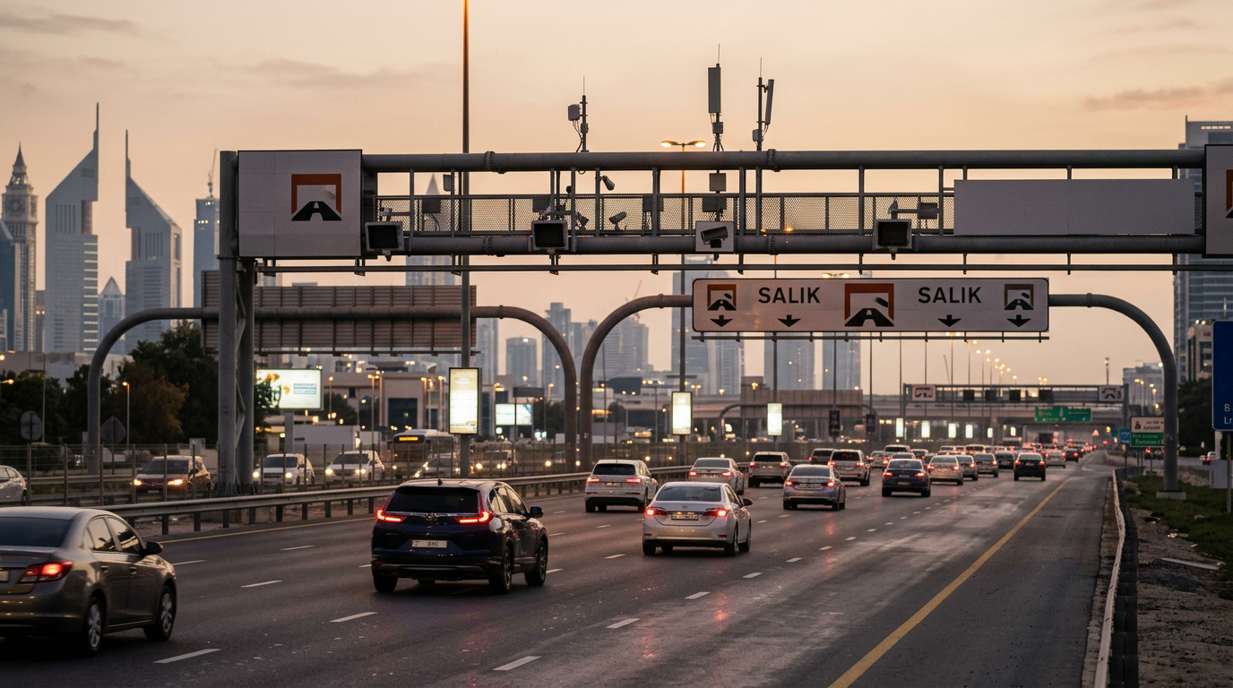 A line of cars passes through an orange Salik toll gate on a multi-lane highway against a city skyline.