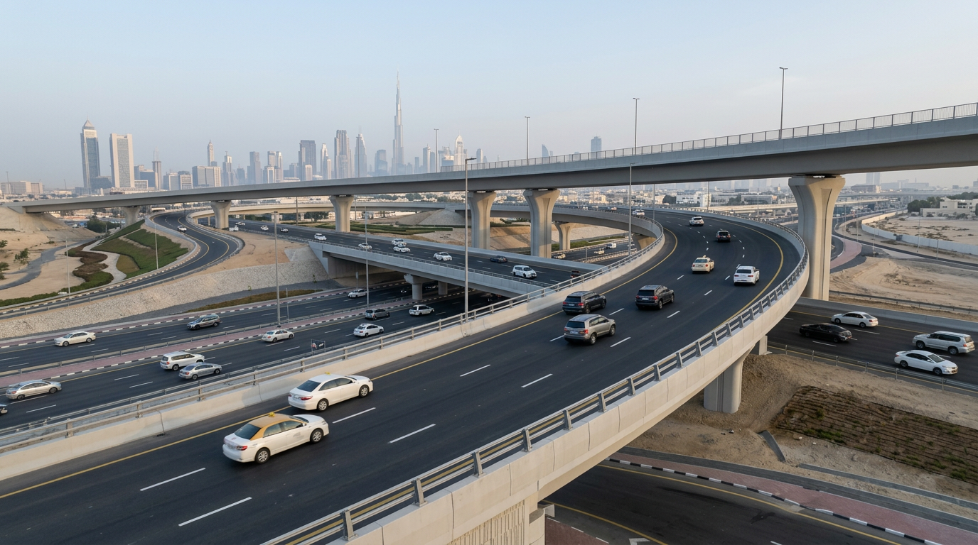 Vehicles travel along a multi-lane highway featuring new bridges and overhead directional signs in Dubai.