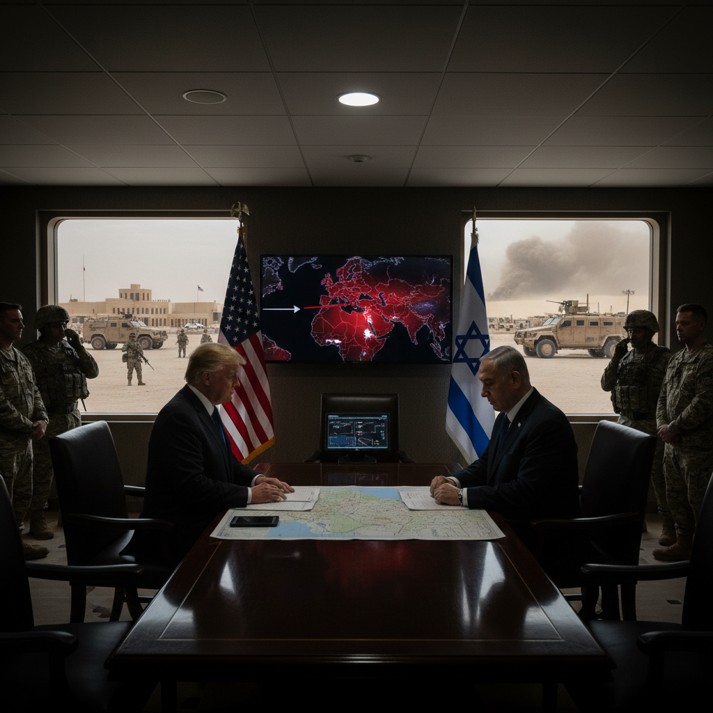 Donald Trump and Benjamin Netanyahu stand together before a backdrop of American and Israeli flags.