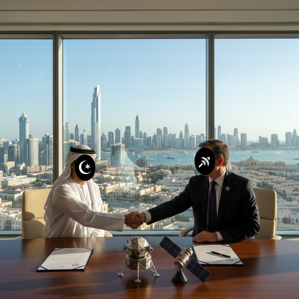 Officials from MBRSC and CNES shake hands in front of UAE and French flags after signing a space cooperation agreement.