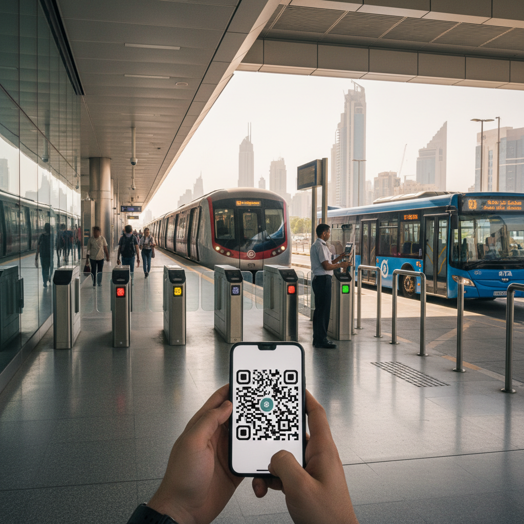 A person holds a smartphone displaying a QR code over a digital scanner at a Dubai Metro fare gate.