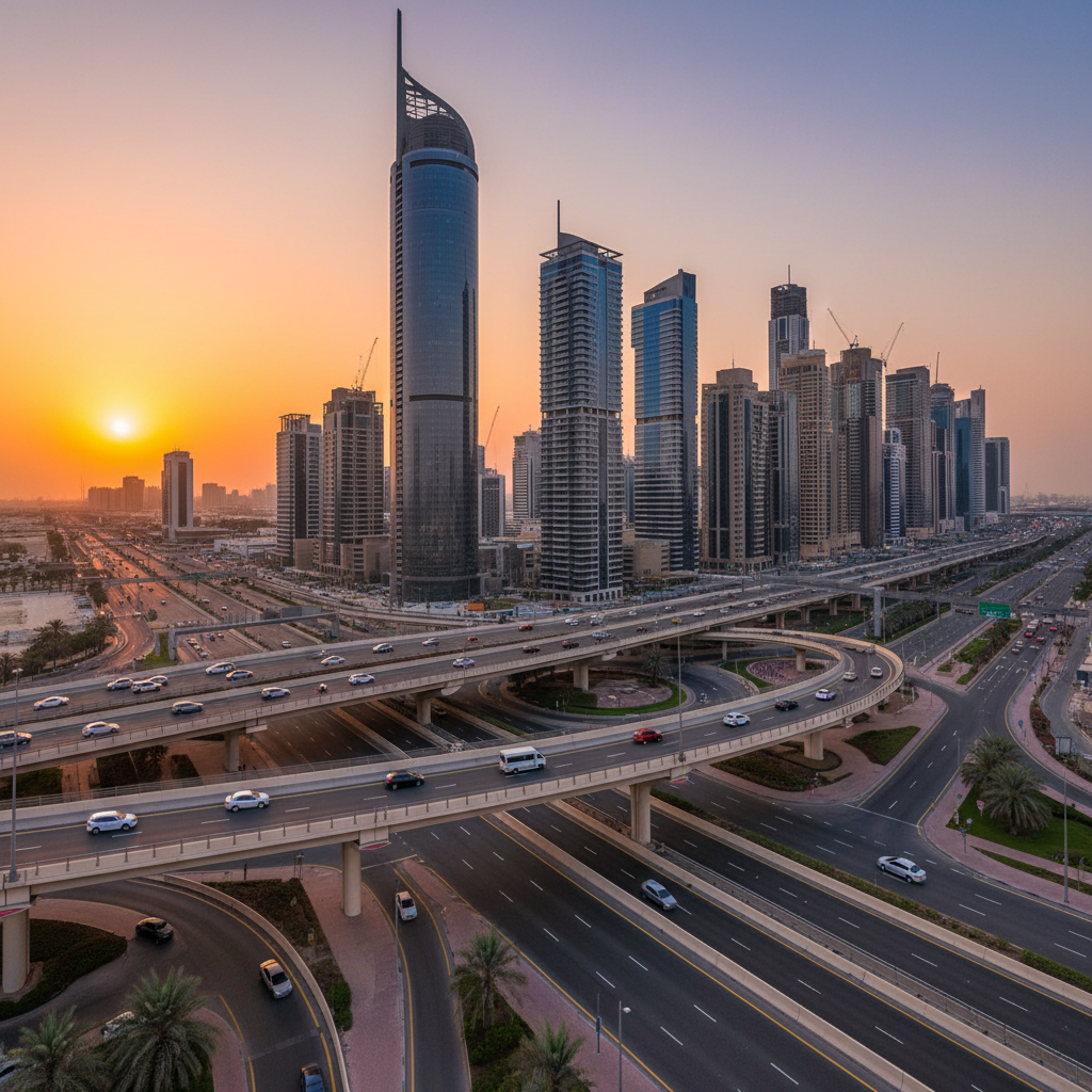 Aerial view of the new multi-lane flyover bridges spanning the World Trade Centre roundabout in Dubai.