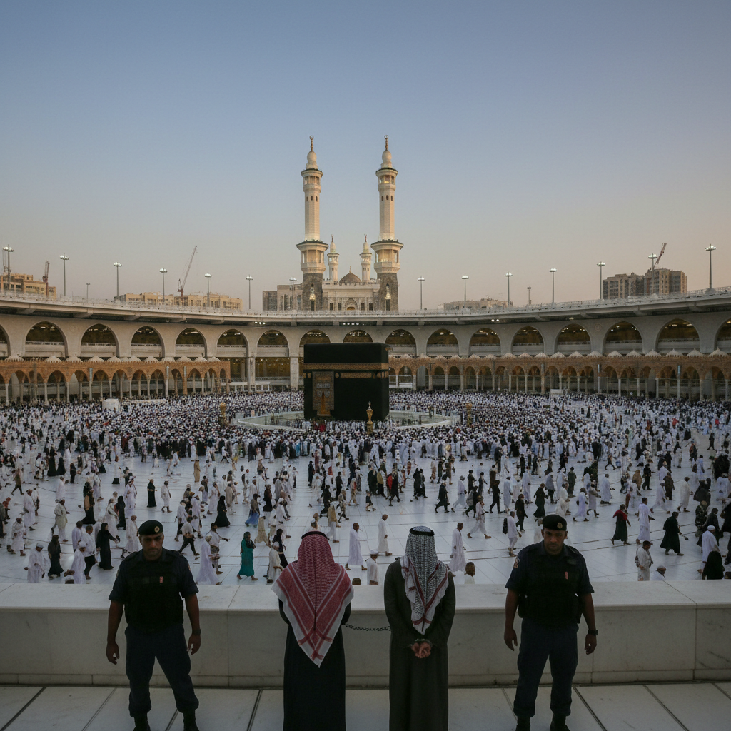 The Great Mosque of Mecca surrounds the Kaaba as pilgrims gather in the courtyard during a bright day.