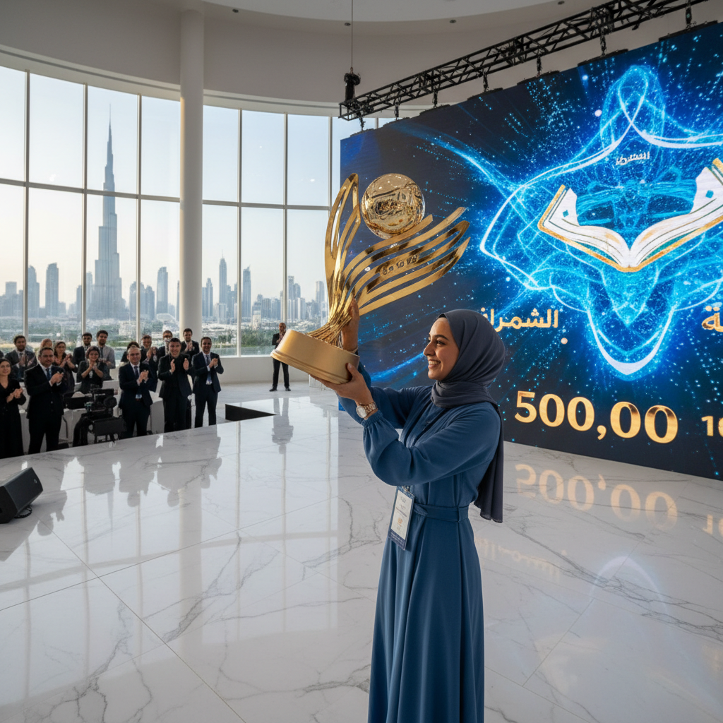 Mayar Al Shourbagy smiles while holding her trophy and an Egyptian flag at the Arab Reading Challenge ceremony.