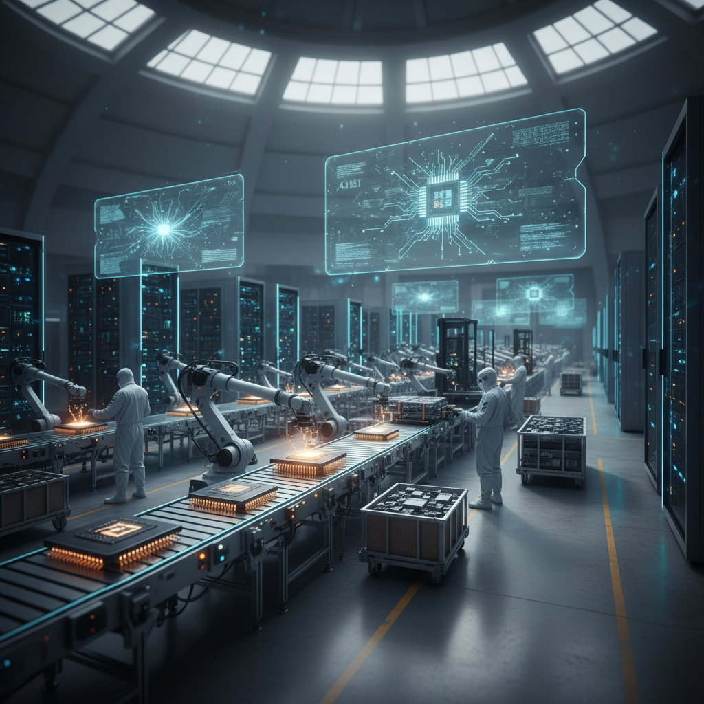 A glowing circuit board with interconnected nodes represents the surge in global artificial intelligence hardware trade.