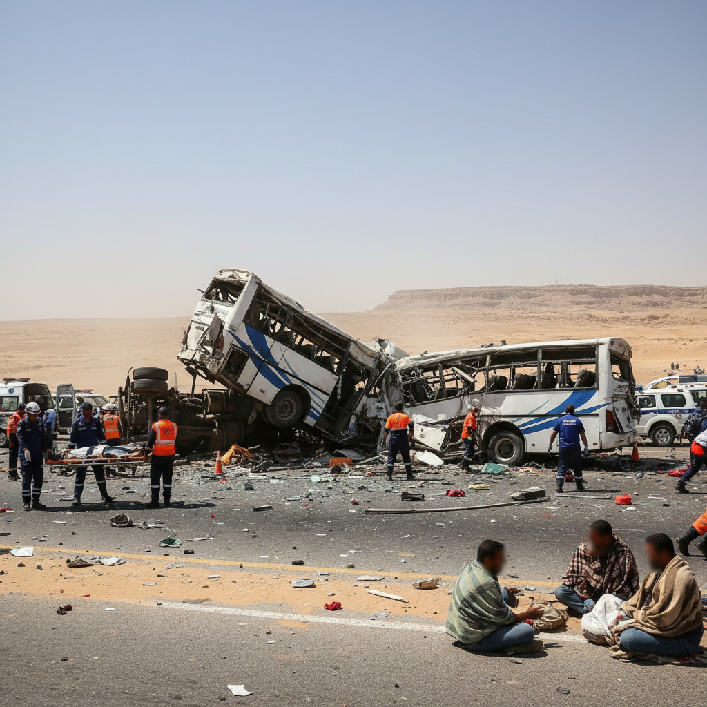 Emergency responders surround a mangled passenger bus split in two on the sandy shoulder of a desert highway.