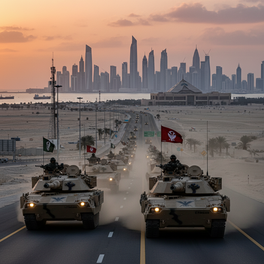 A column of green armored tanks maneuvers through a dusty desert landscape under a clear blue sky.