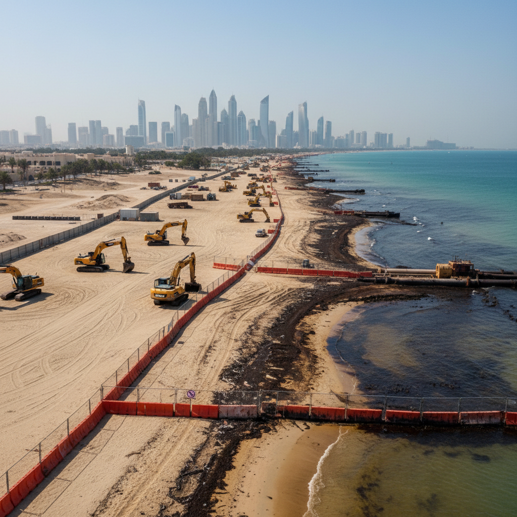 Caution tape stretches across a deserted sandy coastline as waves crash against an empty beach under a hazy sky.