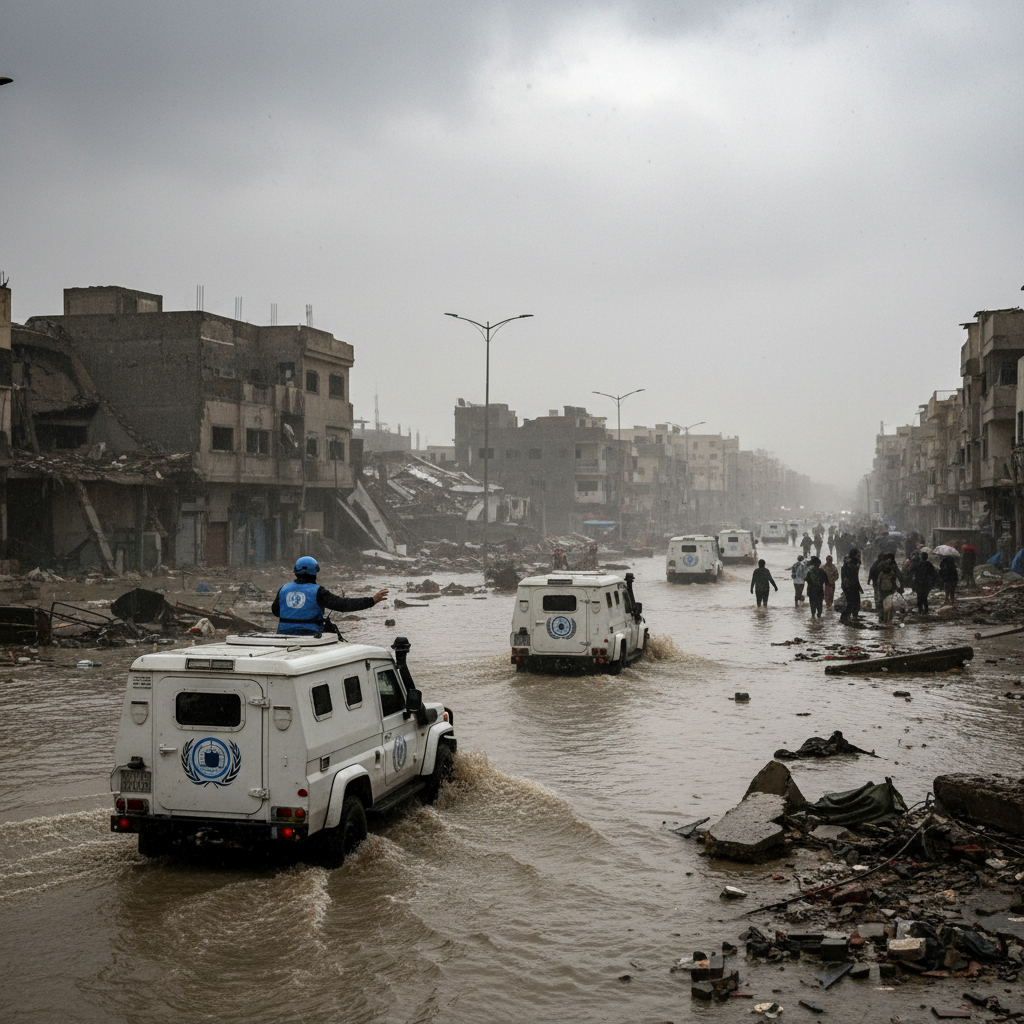 A person walks through a flooded, debris-strewn street in Gaza past heavily damaged residential buildings.