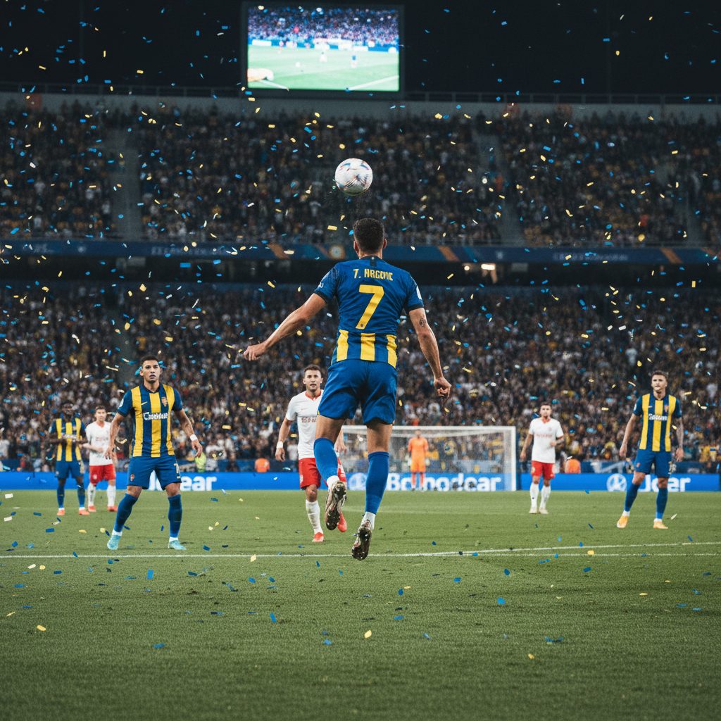 Cristiano Ronaldo celebrates in his yellow Al Nassr kit after scoring a hat-trick during a Saudi Pro League match.