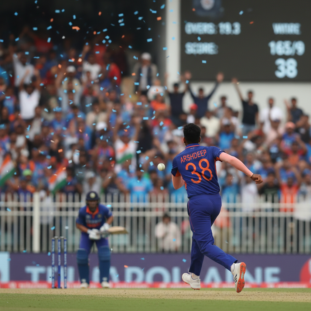 Arshdeep Singh celebrates on the cricket pitch after bowling during a match in his blue India national team kit.