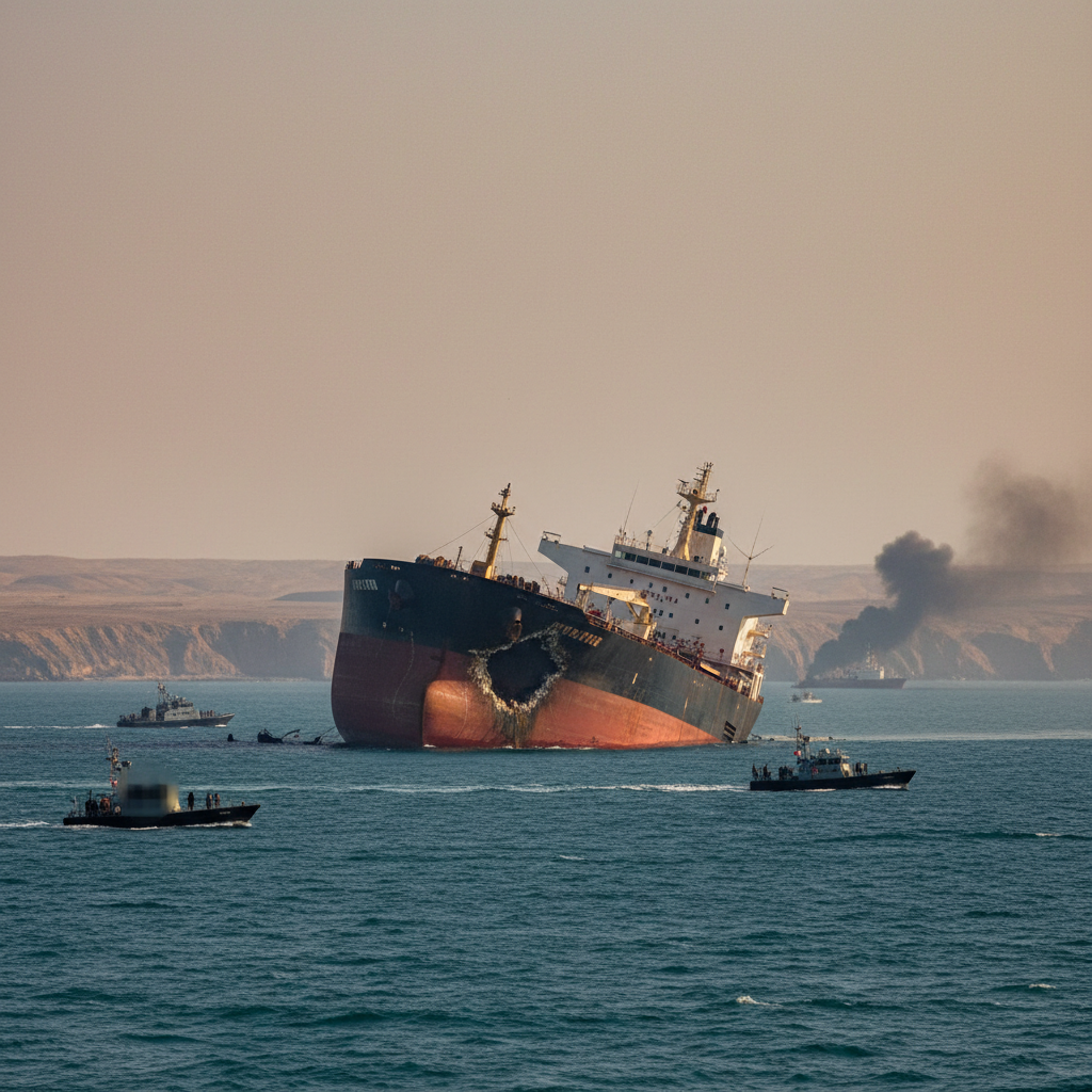 A large oil tanker sails through calm blue waters under a clear sky, representing vessels in the Strait of Hormuz.