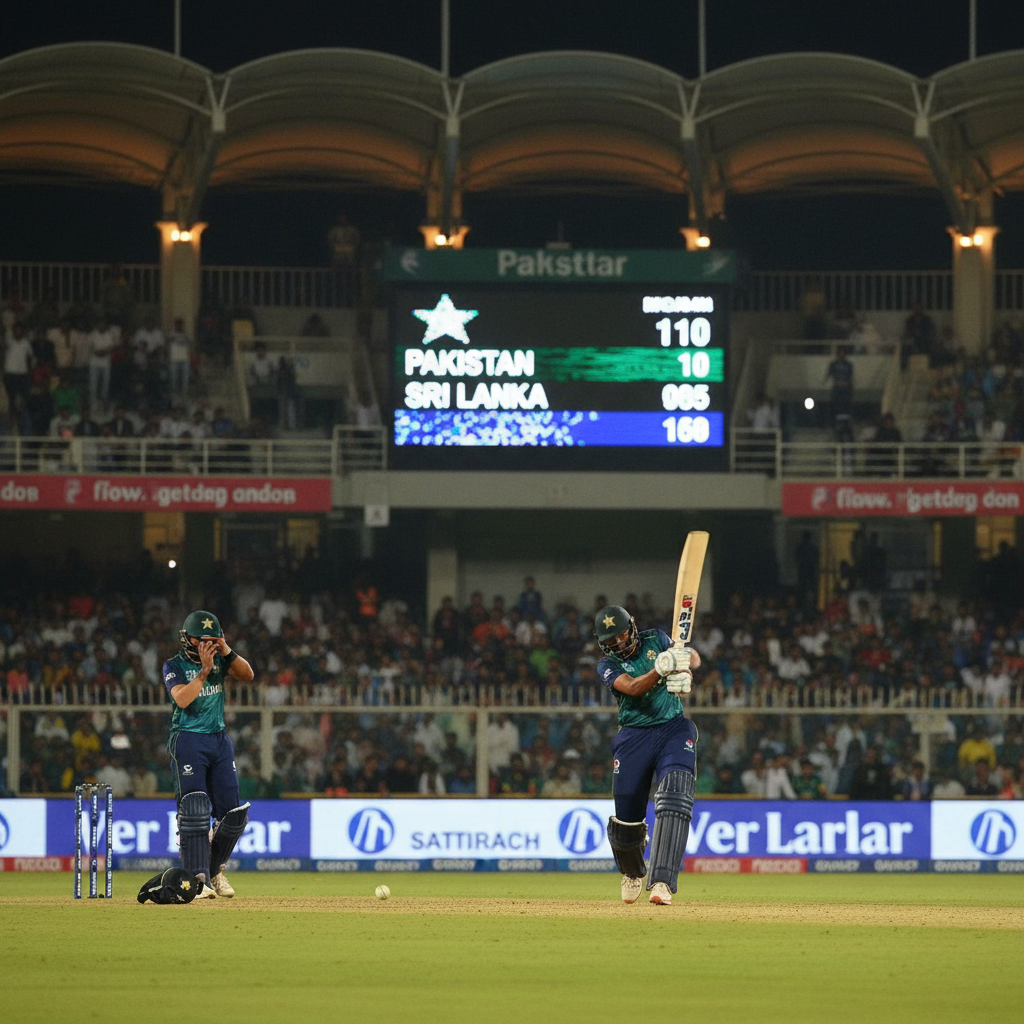 Babar Azam walks off the cricket pitch with a bowed head while Sri Lankan players celebrate in the background.