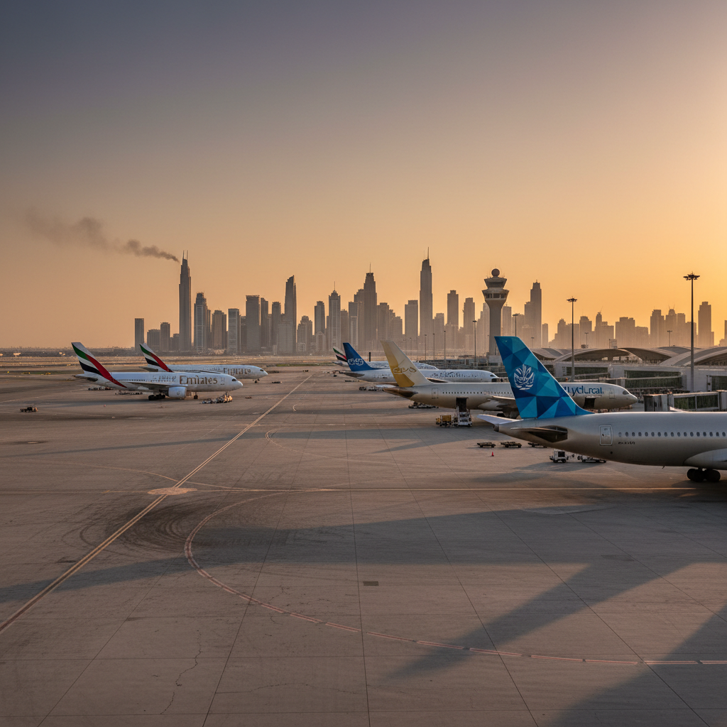 An Emirates passenger plane taxis on a tarmac under a clear sky near airport terminal buildings.
