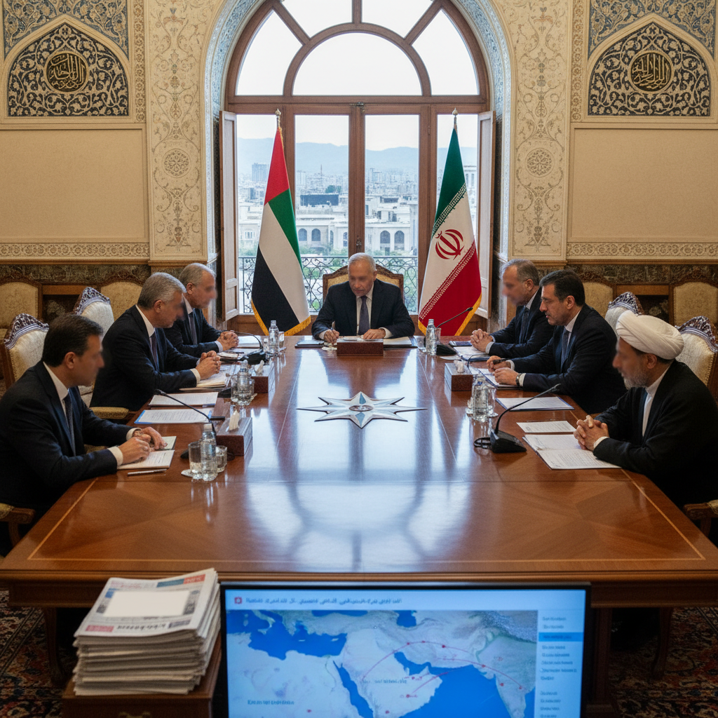 Diplomats stand in a semi-circle during a formal meeting inside a grand Tehran hall to discuss regional stability.