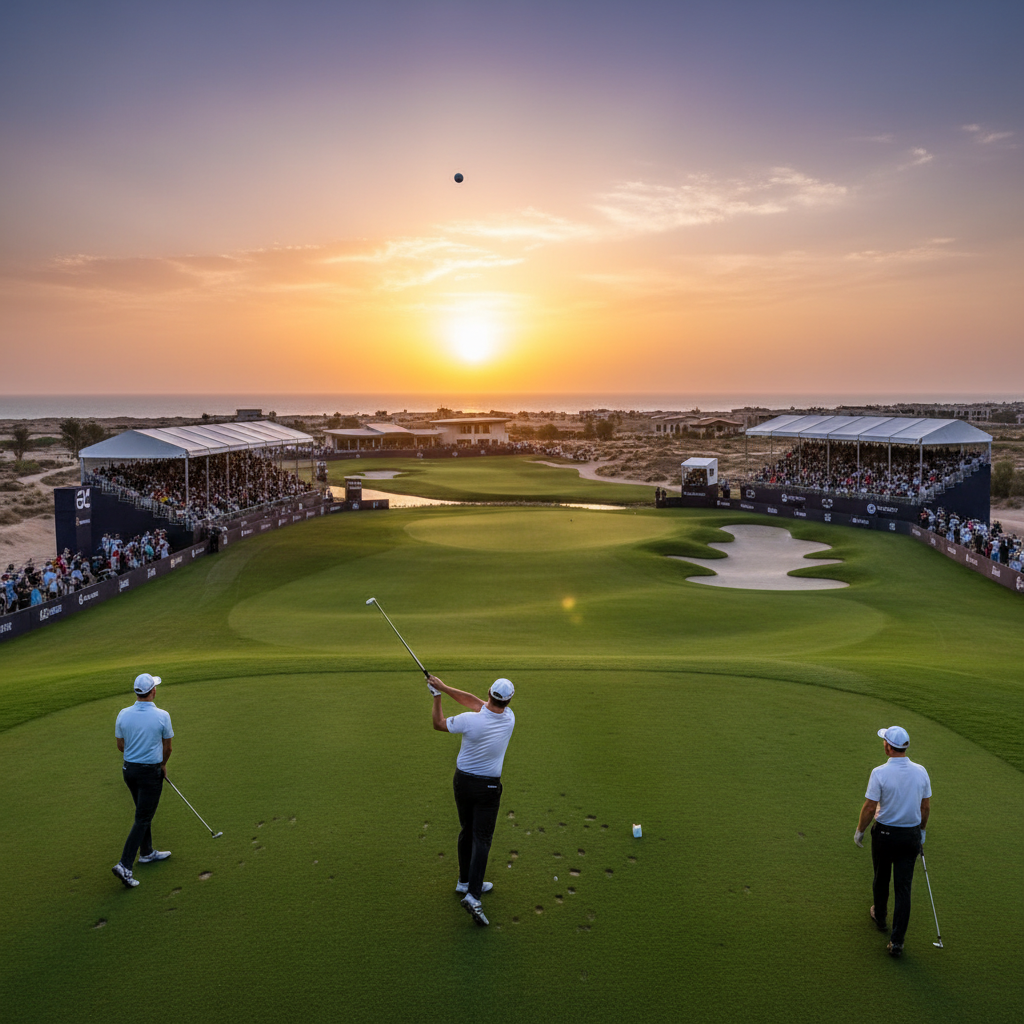 Golfer Jon Rahm swings a club on a lush green course under a clear blue sky during a professional tournament.
