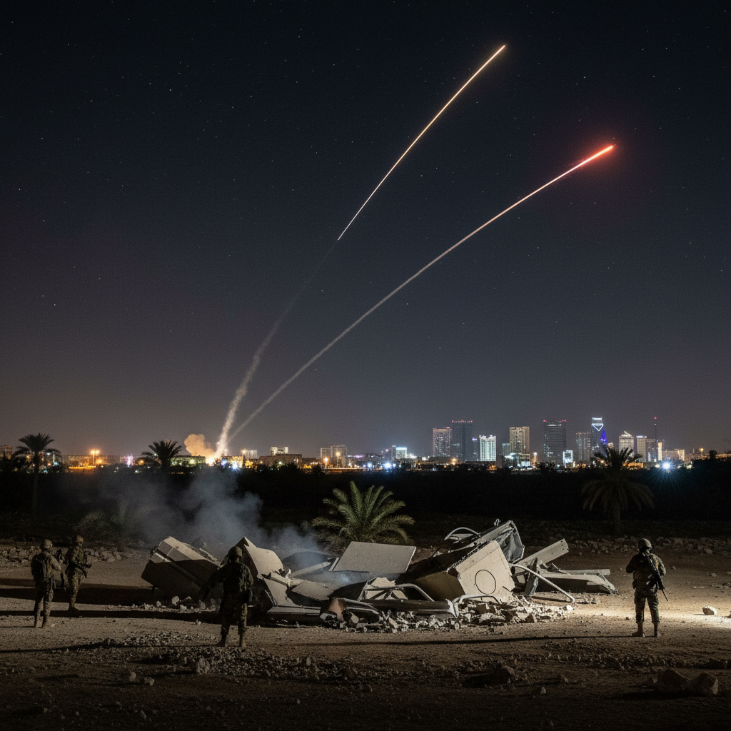 Bright streaks of light from intercepted missiles illuminate the night sky over a dark Saudi Arabian city skyline.