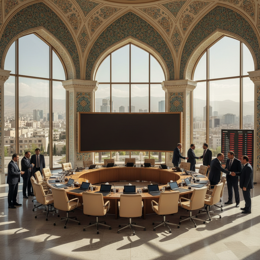 Diplomats meet at a long table in Tehran while an airport monitor shows a list of cancelled international flights.