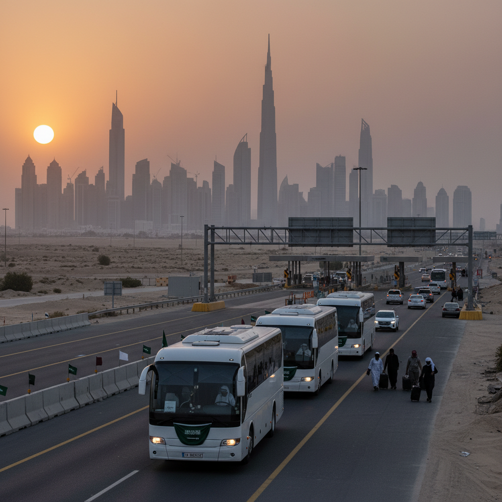 A line of cars waits at a desert border crossing between Saudi Arabia and the United Arab Emirates.