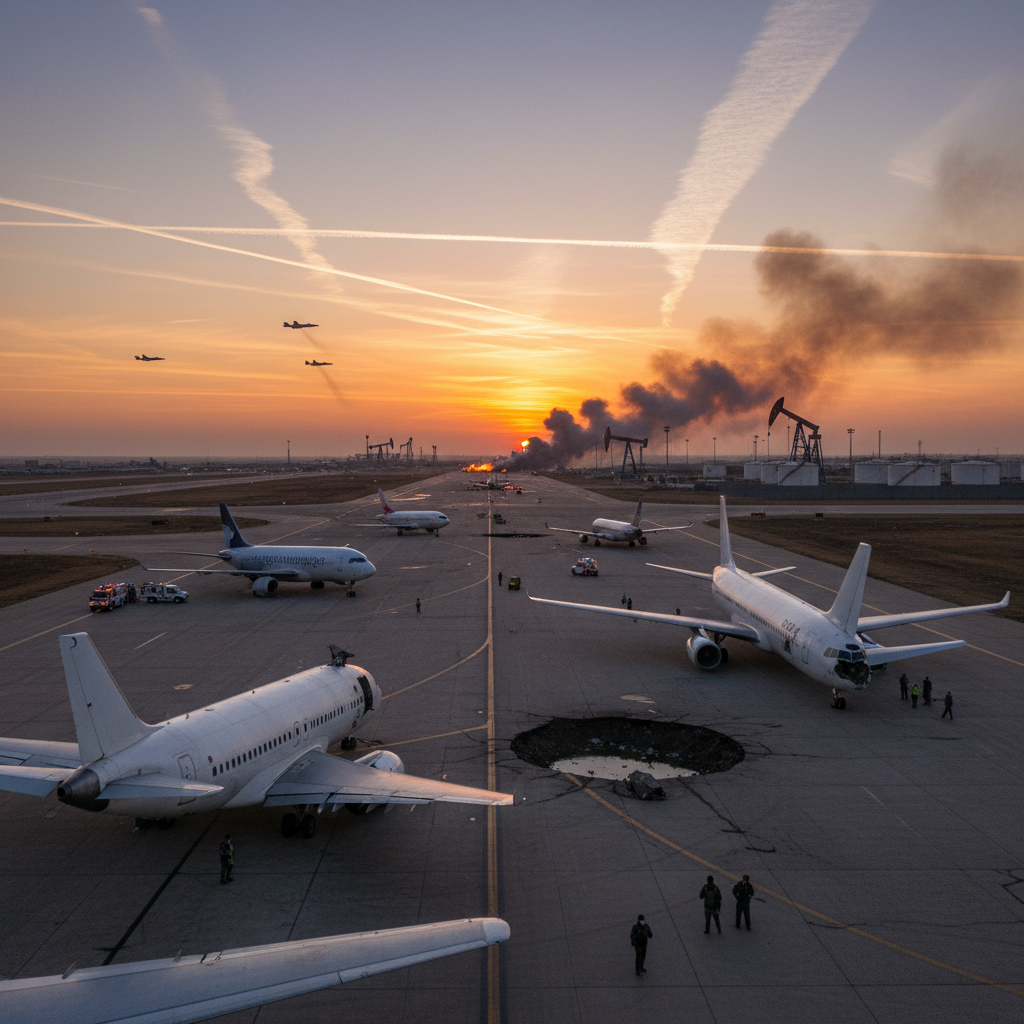 Black smoke billows over a city skyline following an explosion as flames rise from a targeted industrial facility.