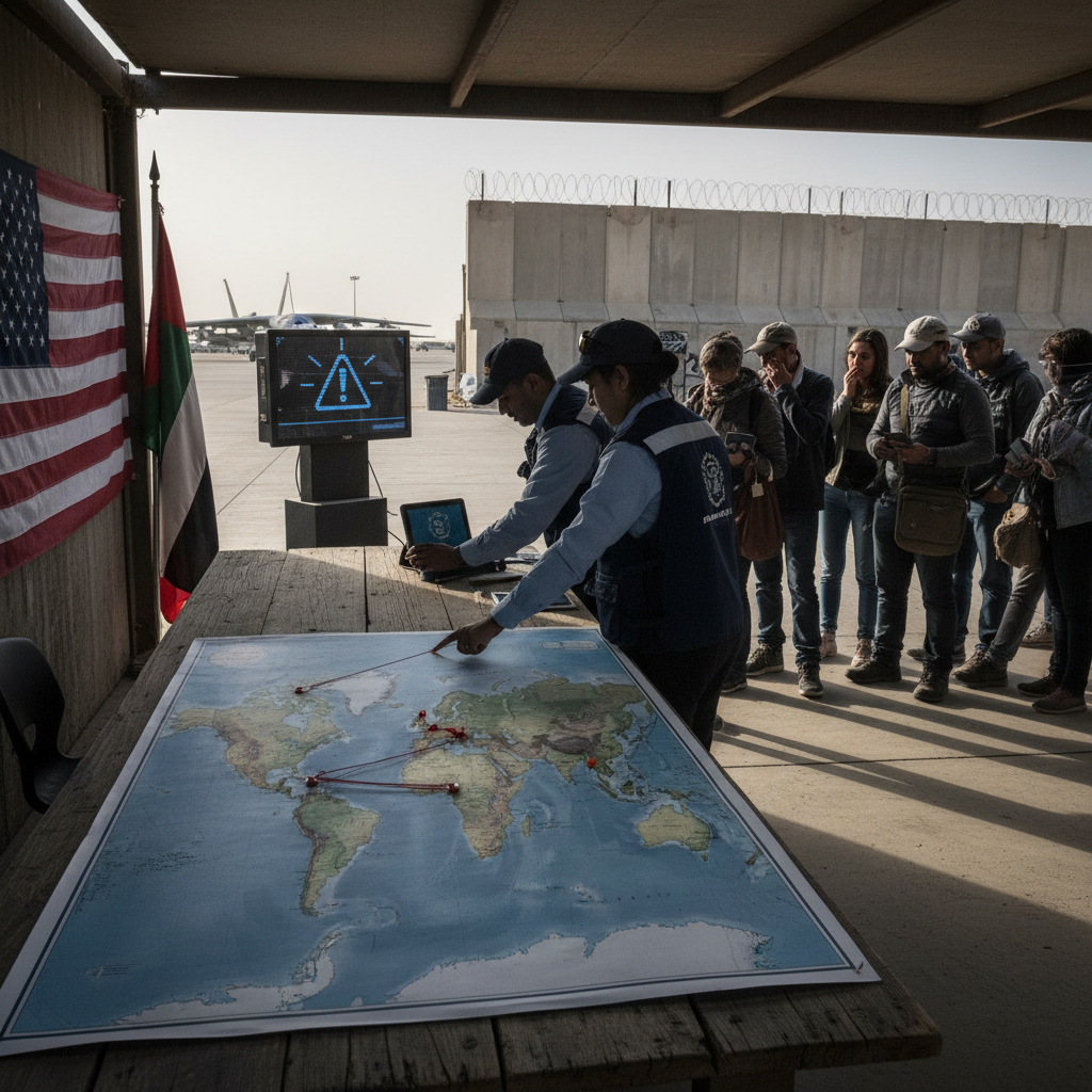 A U.S. embassy building stands behind a security fence under a clear sky, representing heightened diplomatic alerts.
