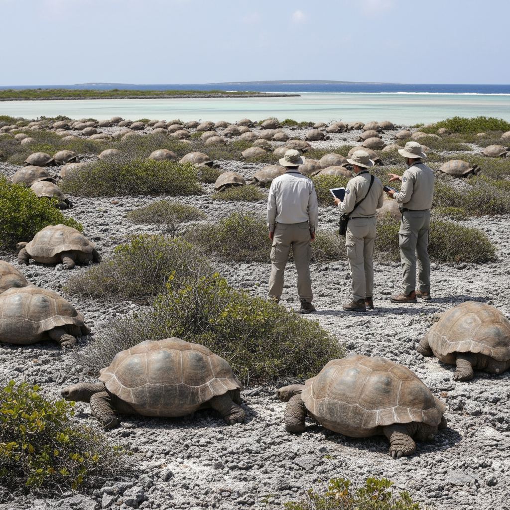 A massive giant tortoise stretches its neck to graze on low-lying vegetation across the rocky terrain of Aldabra Atoll.