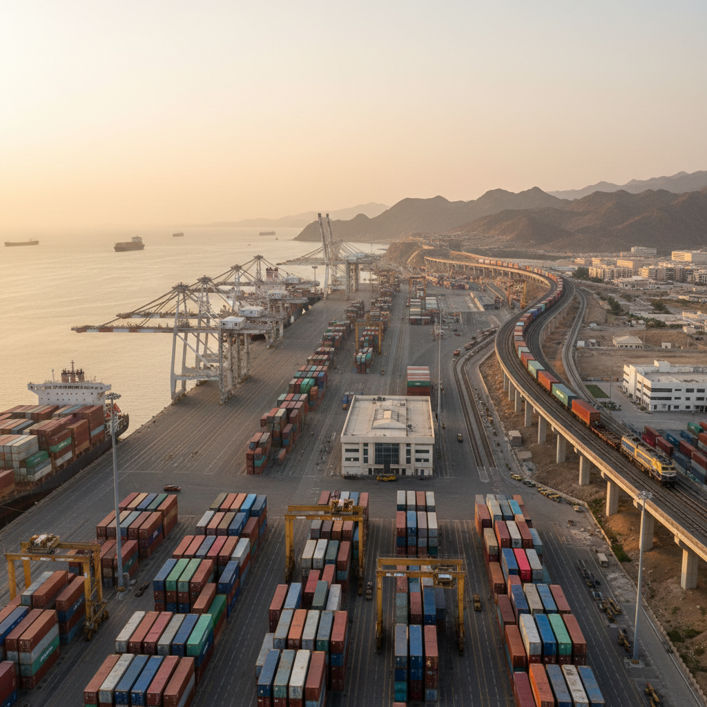 Large cargo ships dock at a busy industrial port with rows of colorful shipping containers near calm water.