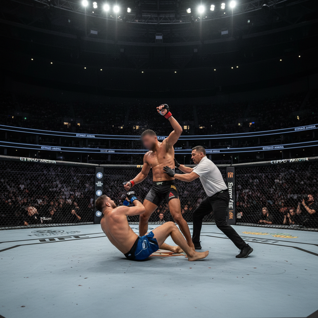 Alexander Volkanovski raises his arms in victory inside a lit MMA cage after defeating Movsar Evloev at UFC 333.