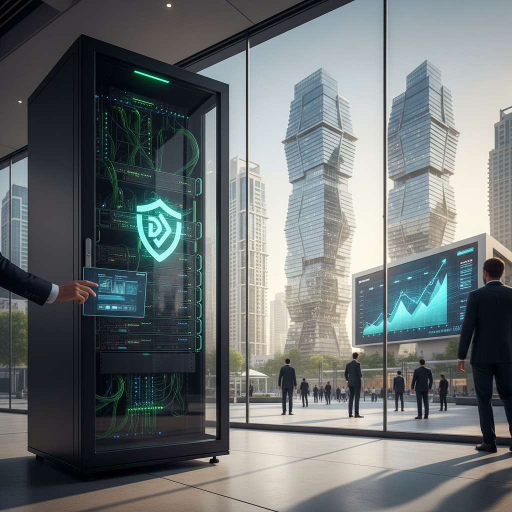 Digital interface elements and glowing security icons overlay a sleek skyscraper skyline in downtown Dubai.