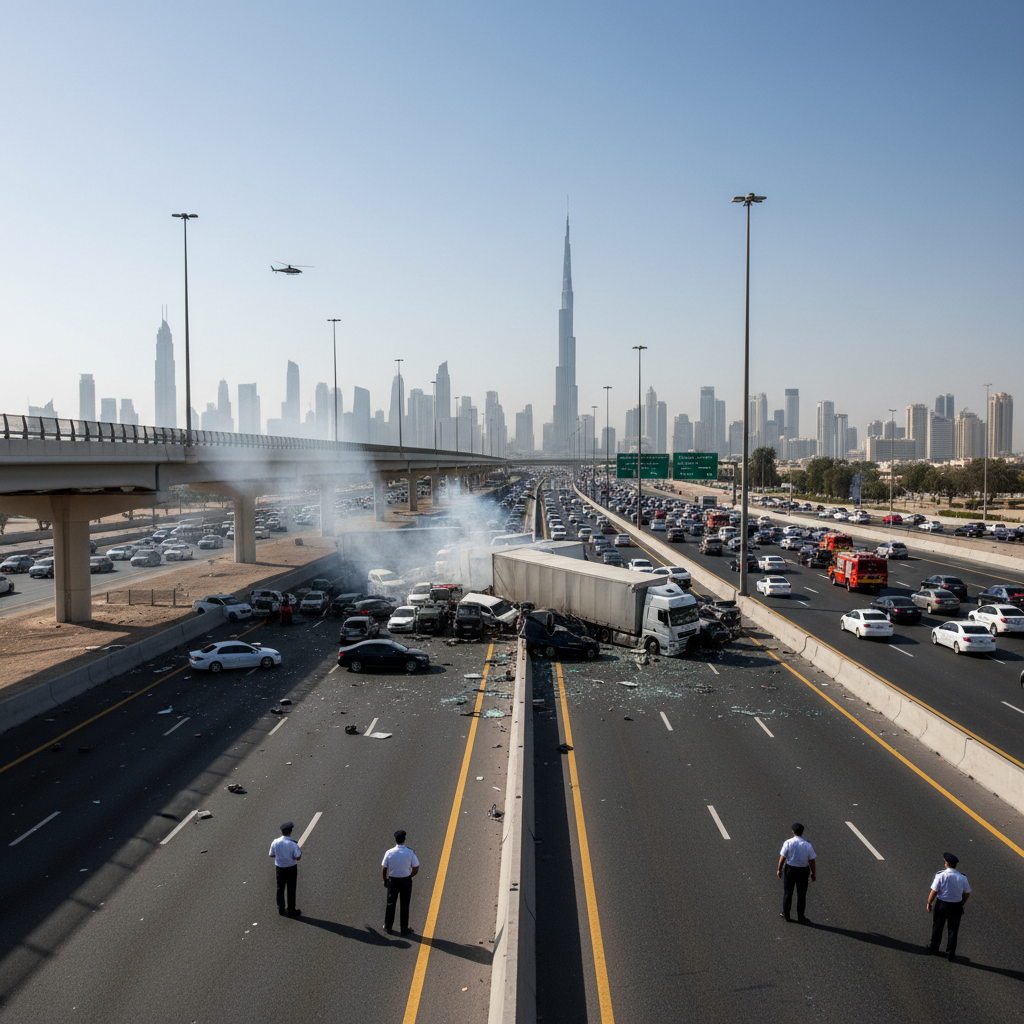 Emergency vehicles with flashing lights surround several damaged cars blocking multiple lanes on a busy highway.