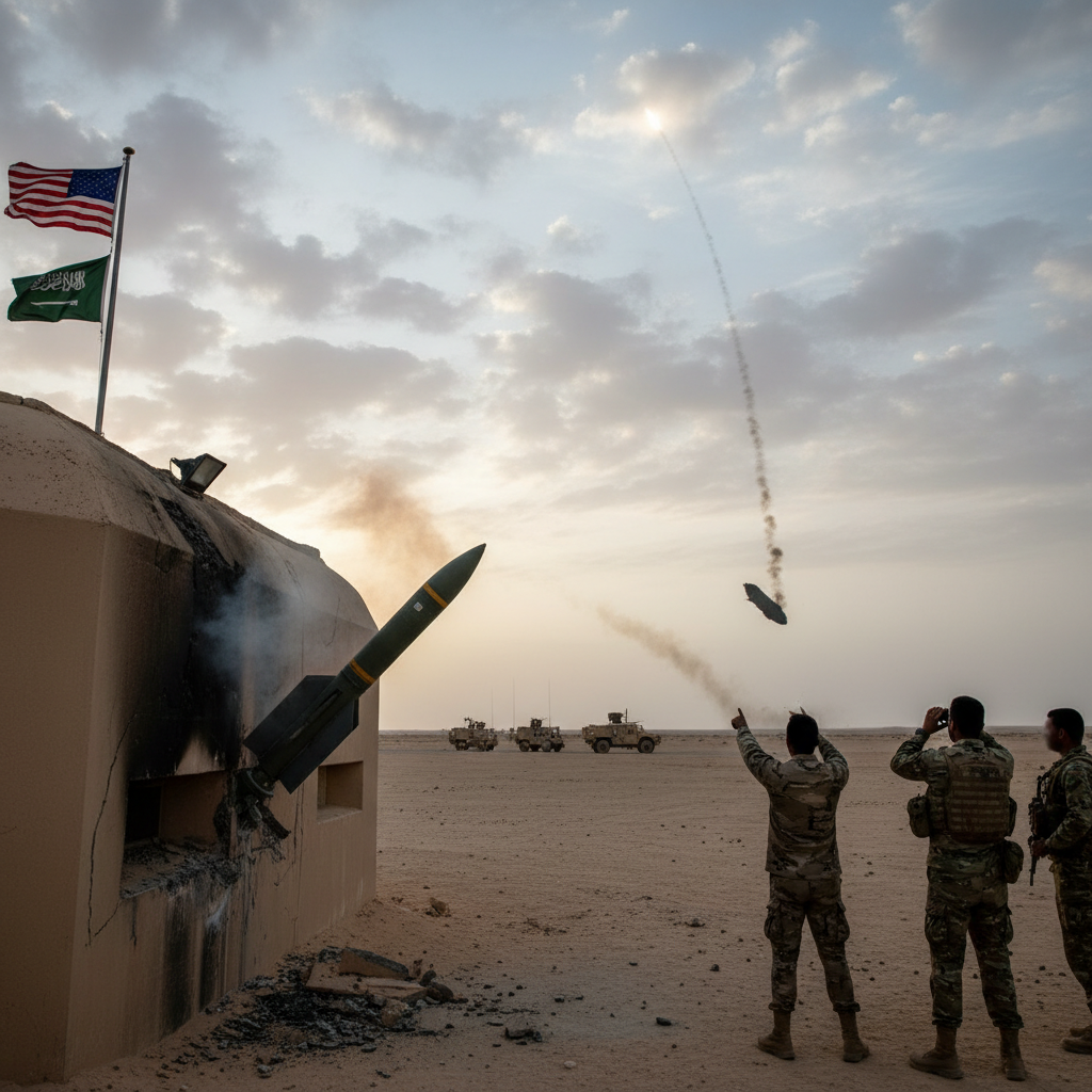 A military interceptor missile streaks through a dark night sky above a glowing cityscape in Saudi Arabia.