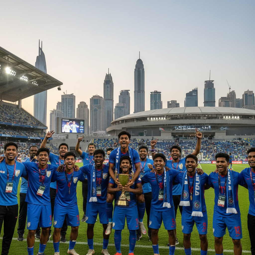 Mohamed Hateem Ali celebrates on the pitch in his blue India kit after securing Asian Cup qualification.