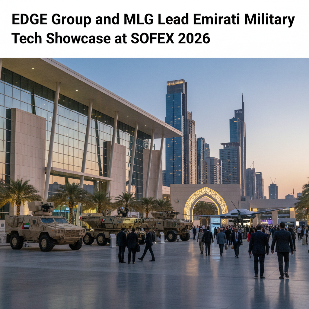 A sleek desert-camo armored vehicle stands displayed in front of a modern EDGE Group pavilion at the SOFEX exhibition.