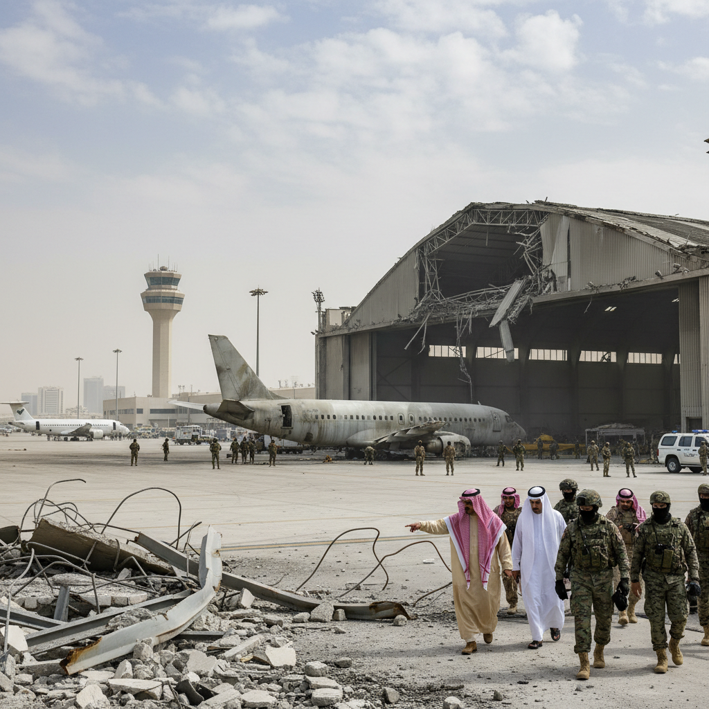 Black smoke rises from a damaged terminal building at Riyadh airport following a fatal Houthi missile strike.