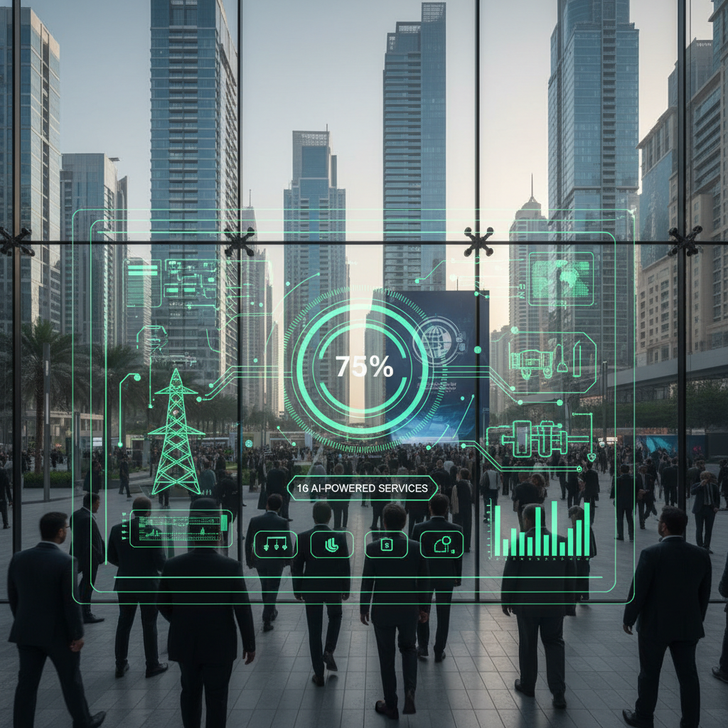 Saeed Mohammed Al Tayer speaks at a podium before a large digital screen displaying DEWA utility logos in Dubai.