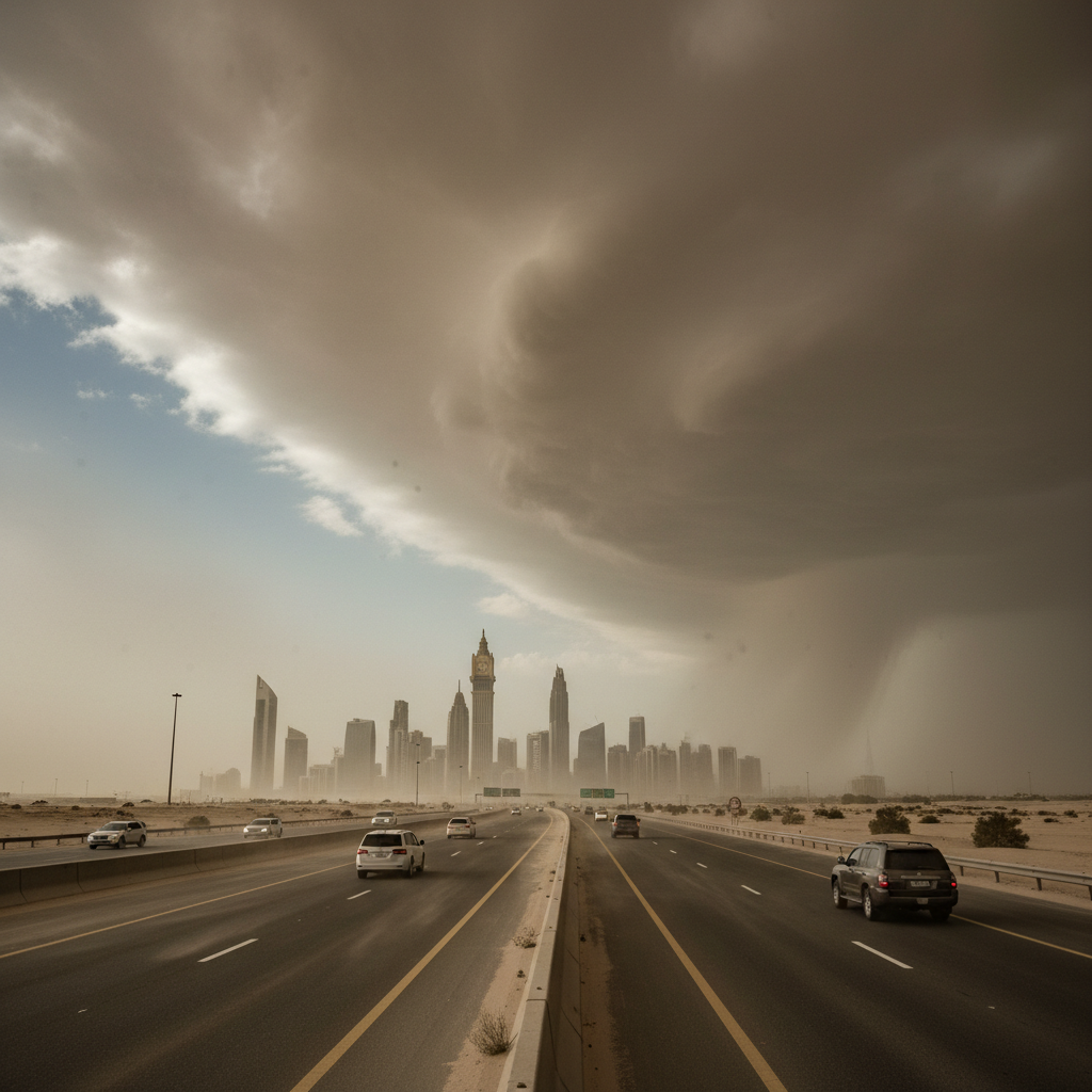 Hazy desert highway under a grey sky with blowing dust reducing visibility for distant vehicles.