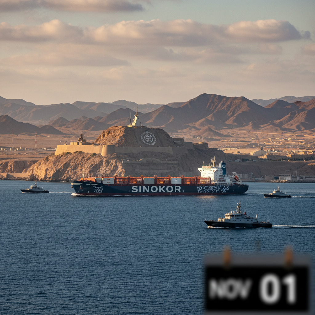 A large Sinokor container ship travels across open blue water with rows of colorful cargo containers stacked on its deck.