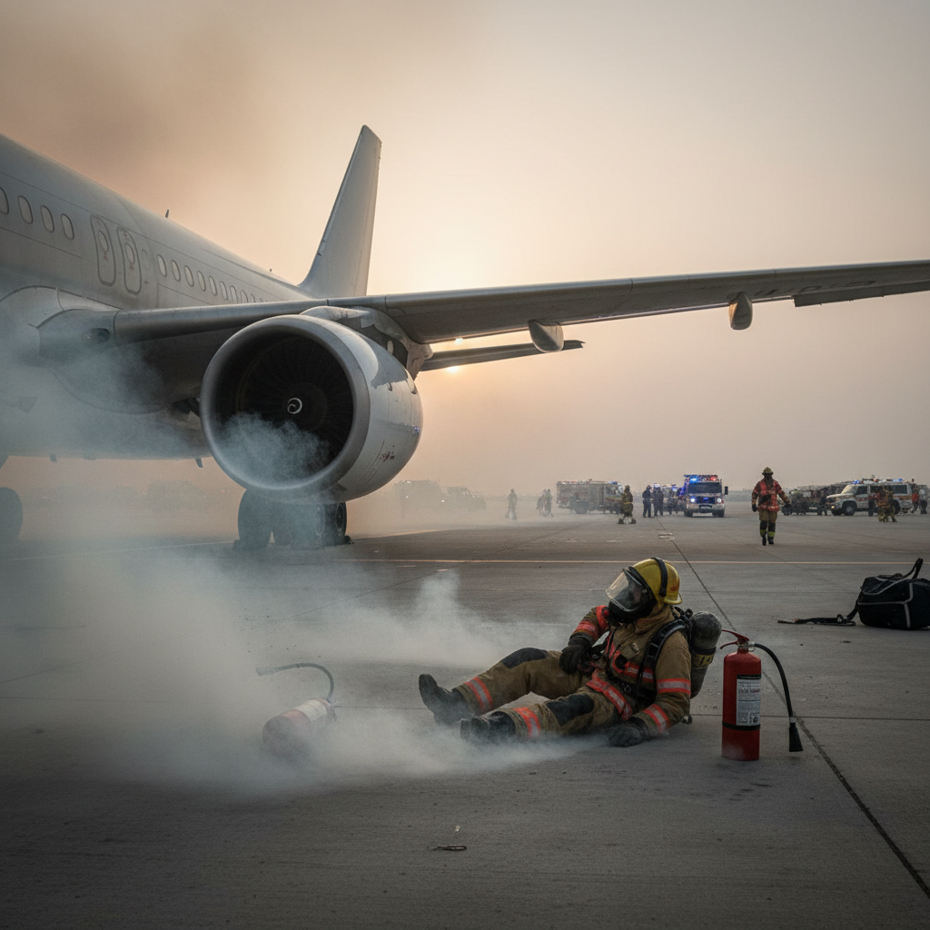 Emergency workers inspect a scorched tarmac at Dammam airport near a plane surrounded by safety equipment.
