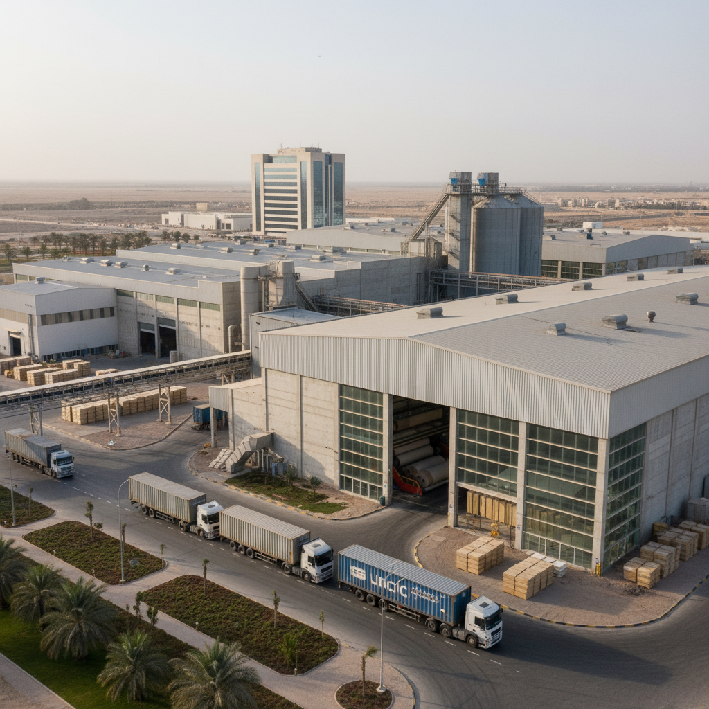 Industrial machinery processes large rolls of white paper inside a bright, modern manufacturing facility in Al Dhafra.