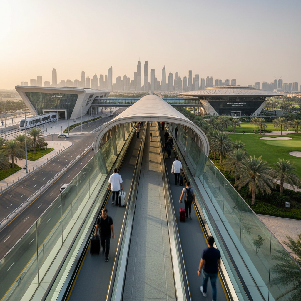 Commuters use a new glass-walled walkway with travelators connecting two Dubai metro stations.