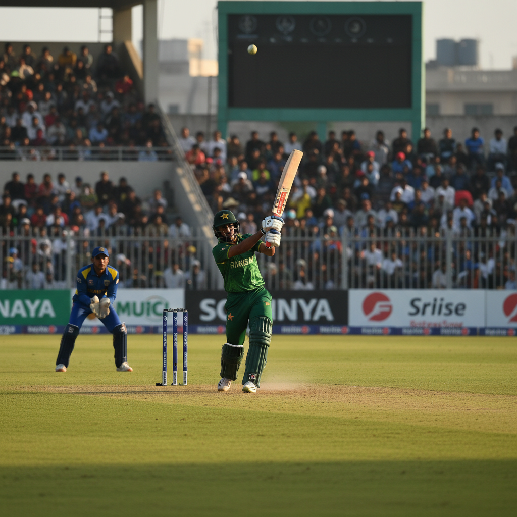Sahibzada Farhan drives a cricket ball toward the boundary under bright stadium lights during the T20 match.