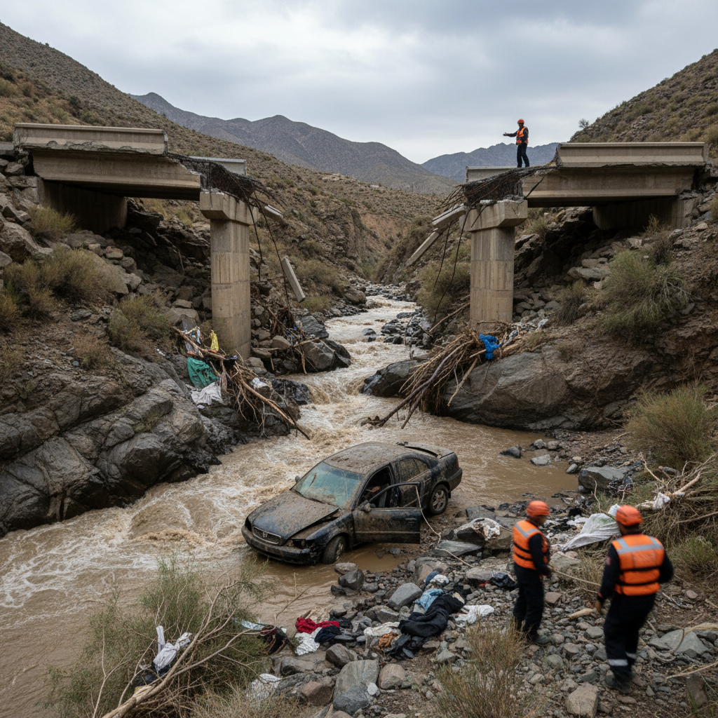 Brown, rushing floodwaters churn violently beneath a concrete bridge as emergency vehicles park along the rain-slicked road.