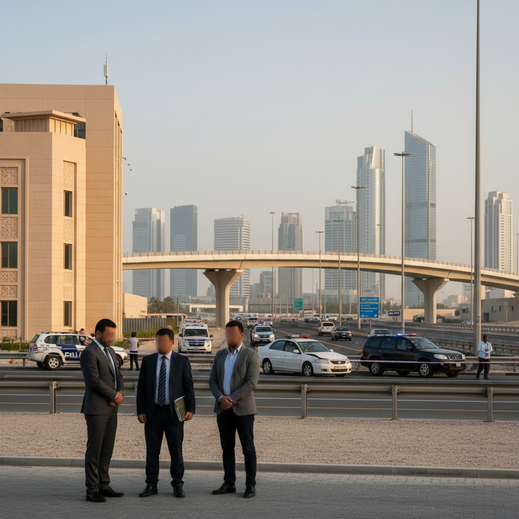 A white ambulance parks near the concrete barriers and metal railings of the Al Wathba Bridge under a bright sky.