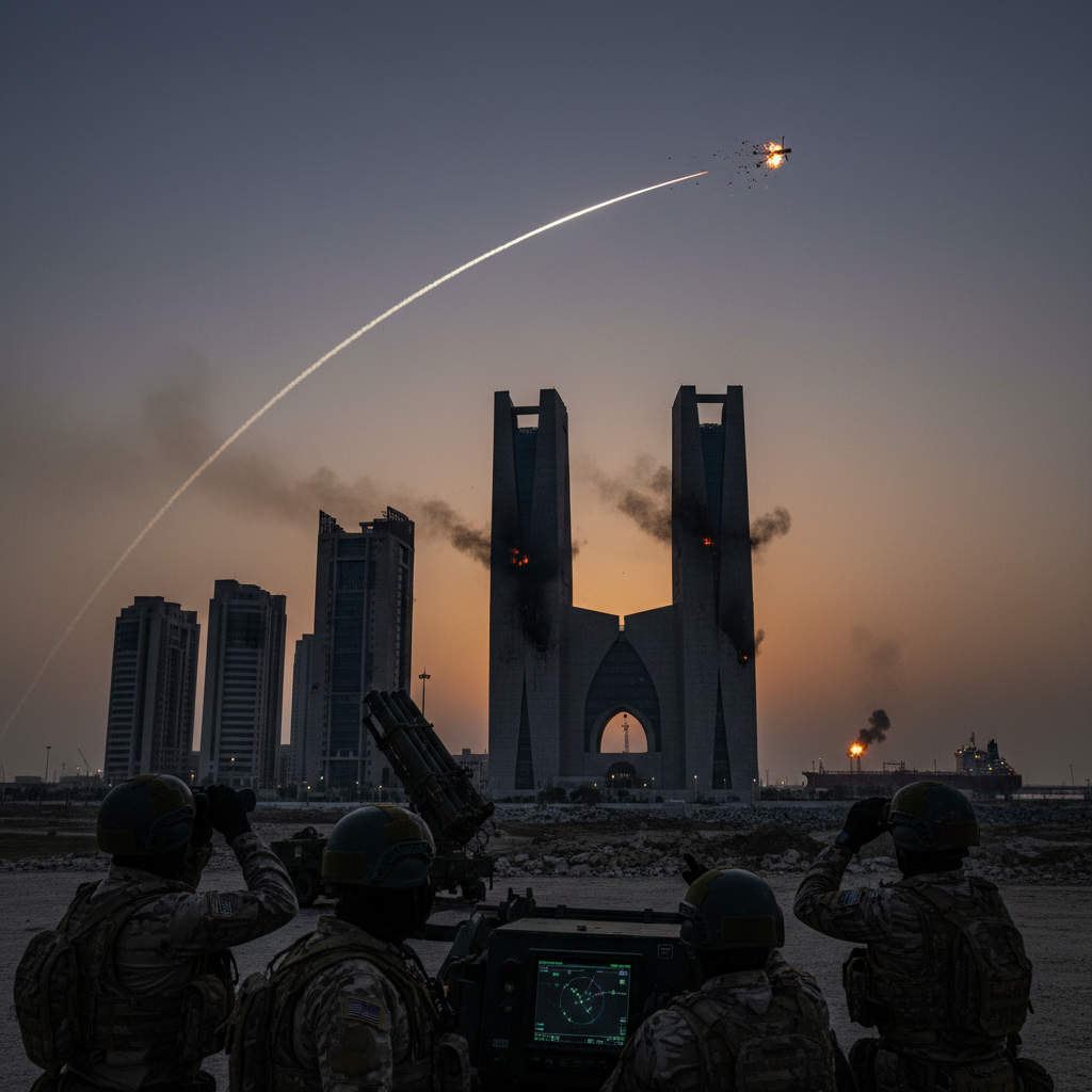 An explosion erupts on the horizon of the Strait of Hormuz as thick black smoke rises into the orange sky.