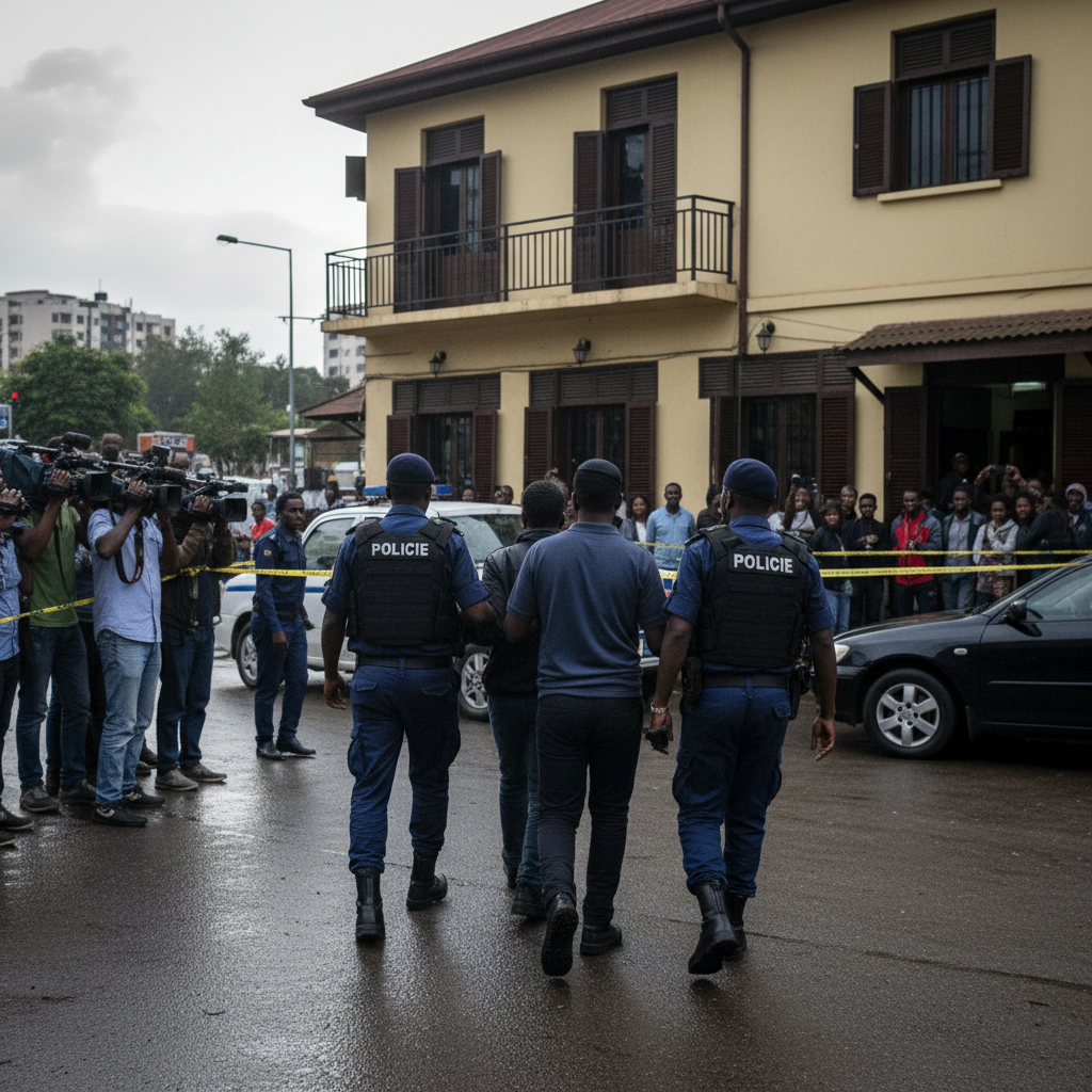 Police officers stand guard near a busy street intersection in the capital city of Addis Ababa, Ethiopia.